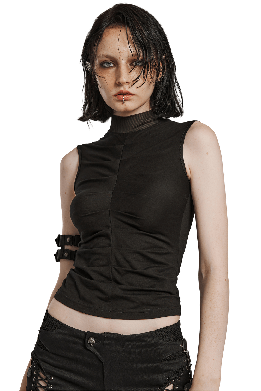 Gothic Black High Neck Top With Skeleton Pleats