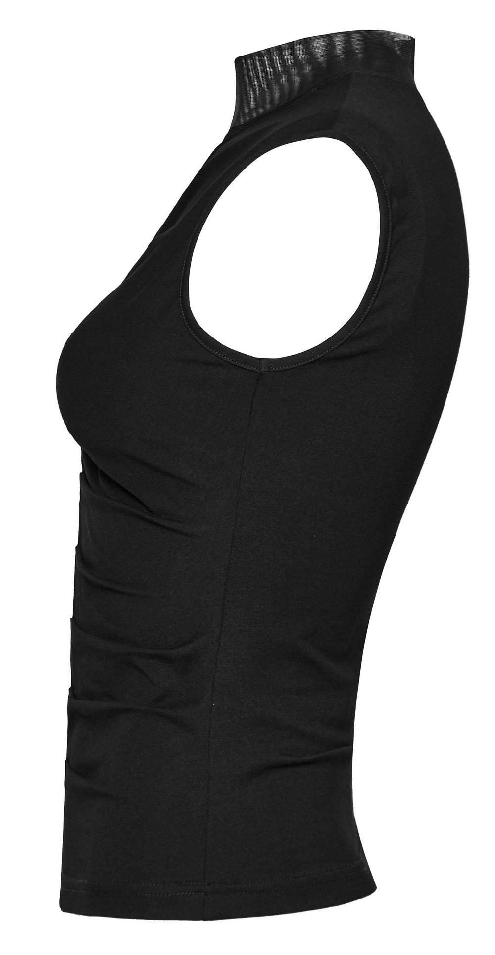 Gothic black high neck top with skeleton pleats, featuring a slim fit and breathable mesh design.