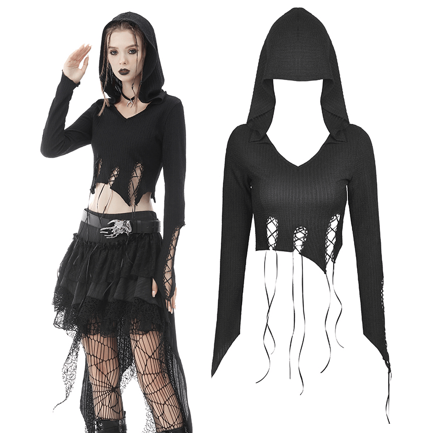 Gothic black hooded crop top with lace detailing for a stylish edgy look, perfect for bold fashionistas.