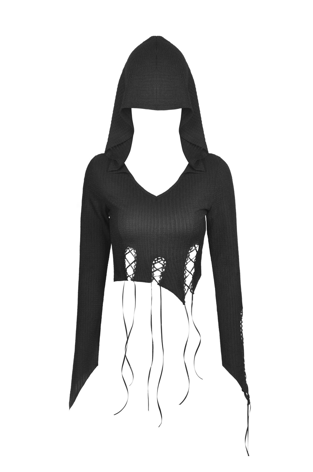 Gothic black hooded crop top with lace detailing for a bold and edgy fashion statement.