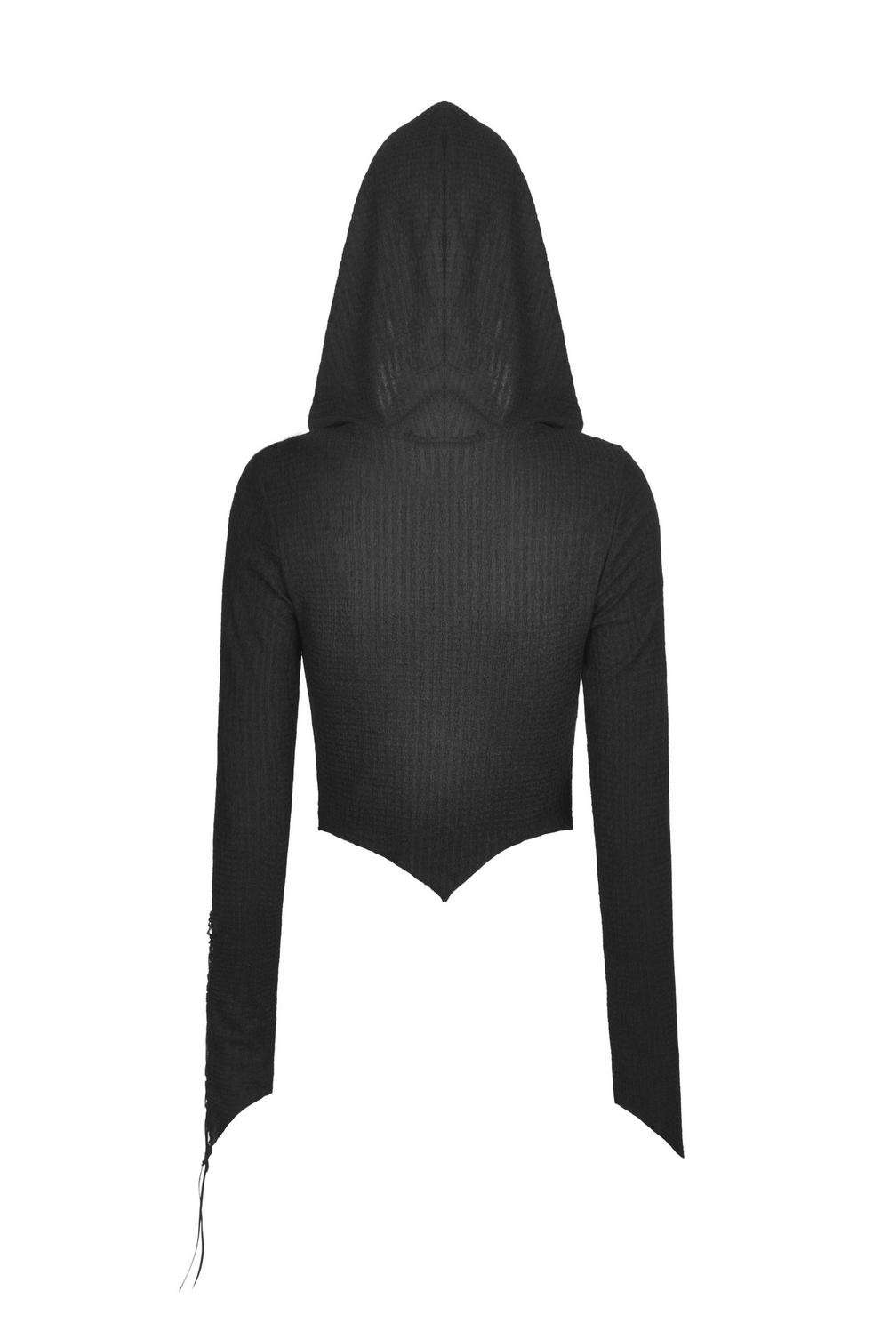 Back view of a gothic black hooded crop top with ribbed texture and edgy long sleeves.