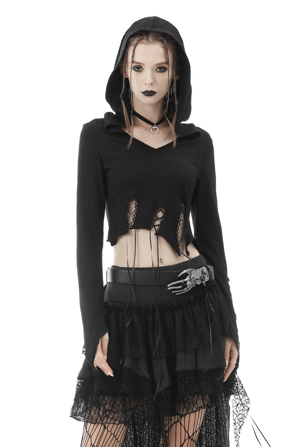 Gothic black hooded crop top with lace detailing, perfect for a bold, edgy style statement in modern fashion.