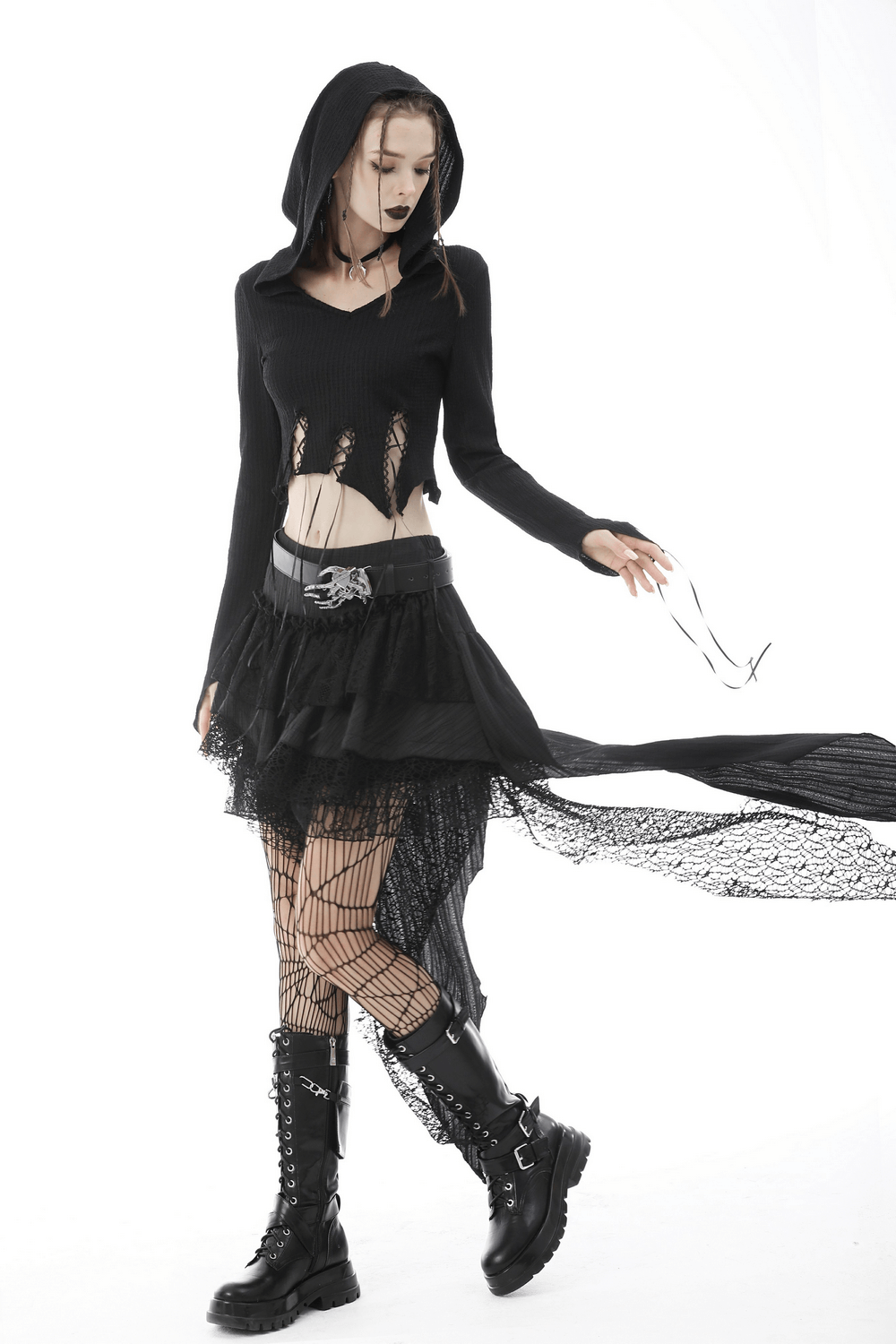 Gothic Black Hooded Crop Top with Lace Detailing