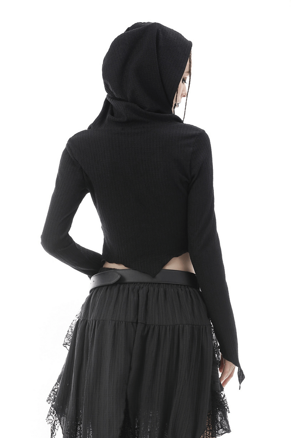Gothic Black Hooded Crop Top with Lace Detailing