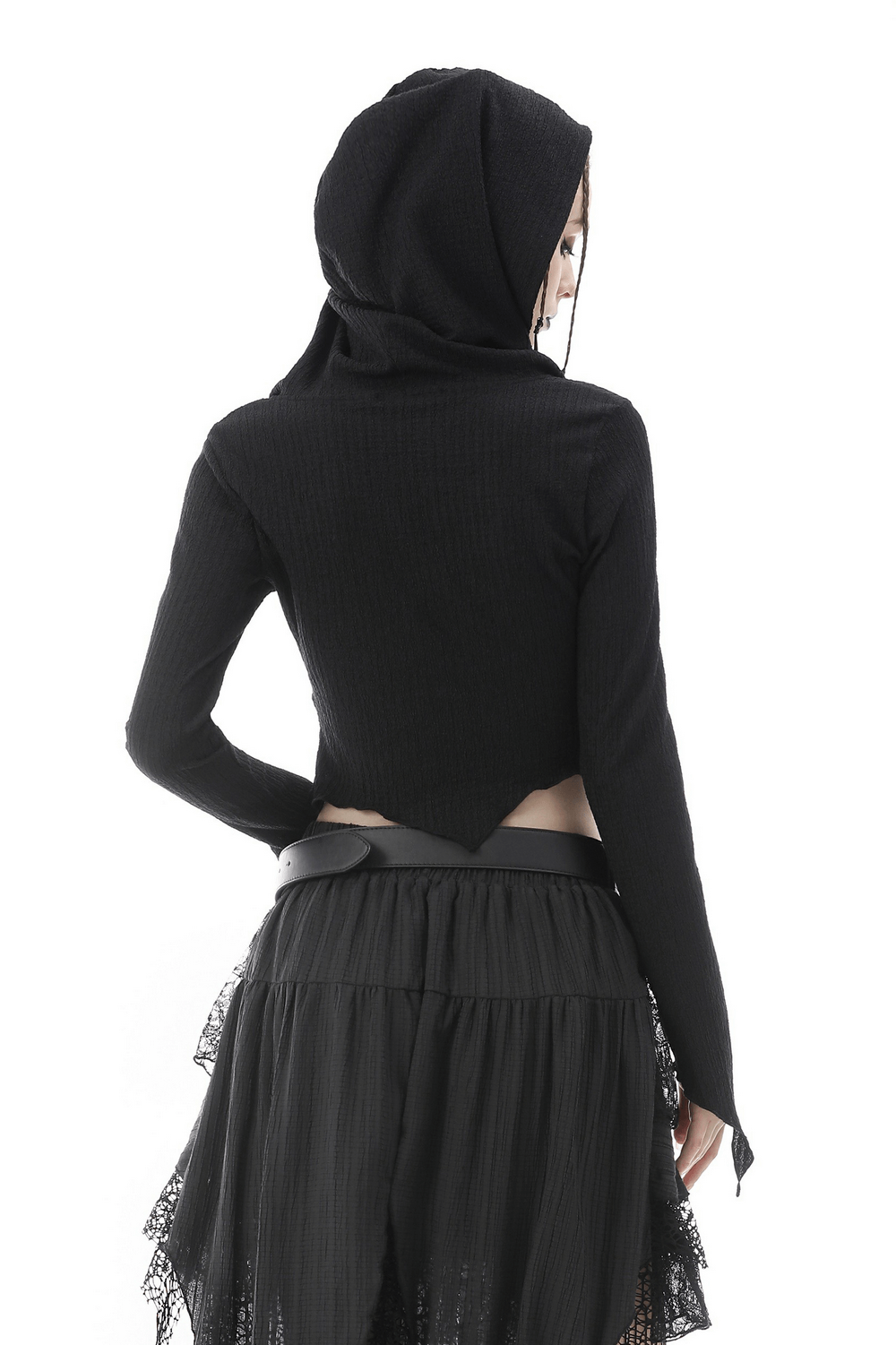 Back view of gothic black hooded crop top with lace detailing, perfect for an edgy, stylish look.