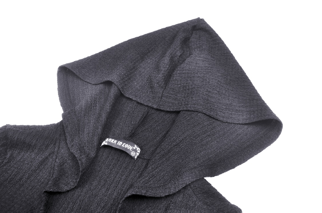 Close-up of a gothic black hooded crop top with intricate lace detailing, perfect for a bold fashion statement.