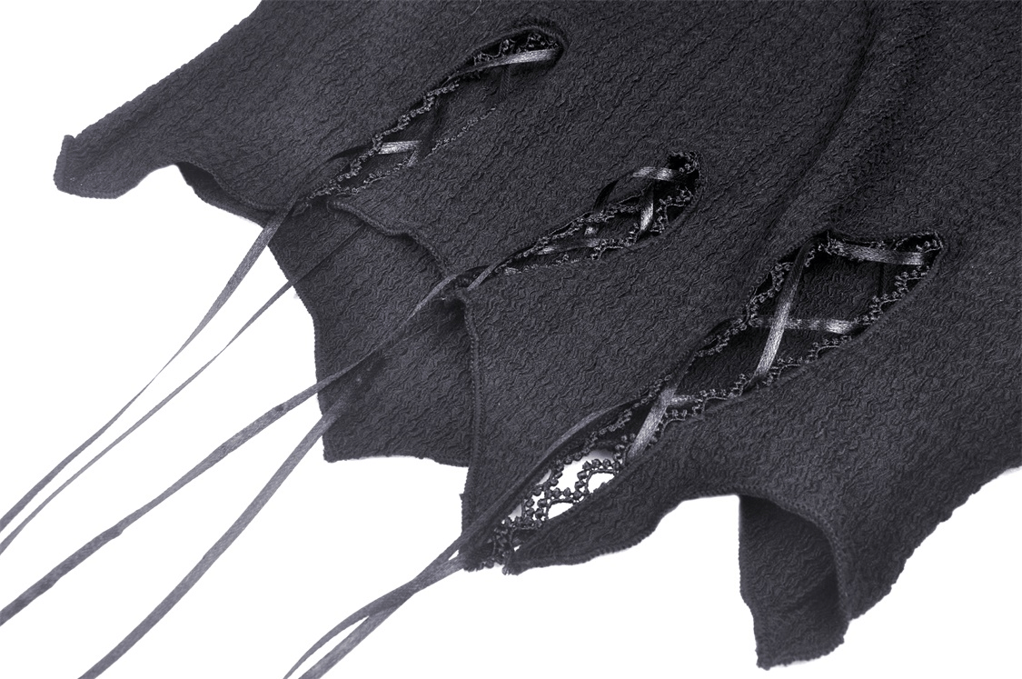 Close-up of gothic black hooded crop top lace detailing with ribbed texture and ribbon accents.