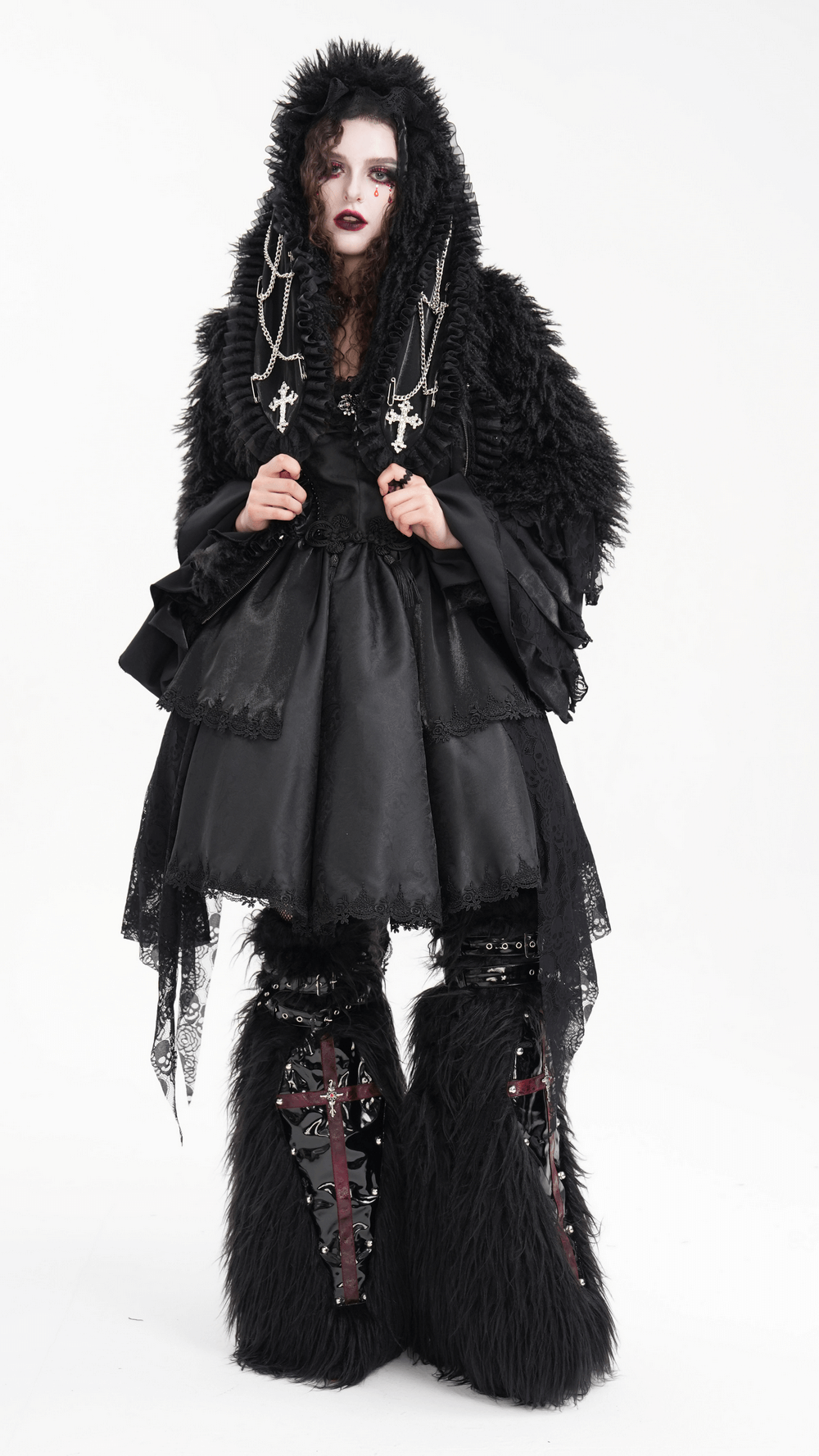 Gothic black hooded jacket with lace and fur details, perfect for dark fantasy fashion and alternative looks.