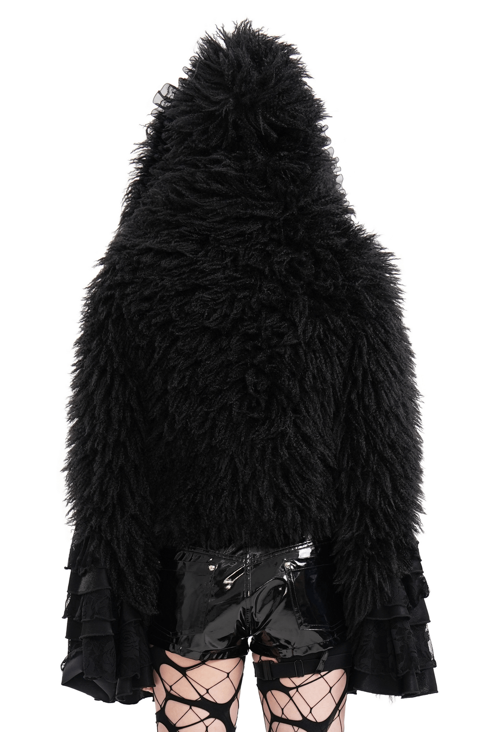 Woman in a gothic black faux fur hooded jacket, showing ruffled sleeves and oversized hood from the back. Perfect for dark fantasy styles.