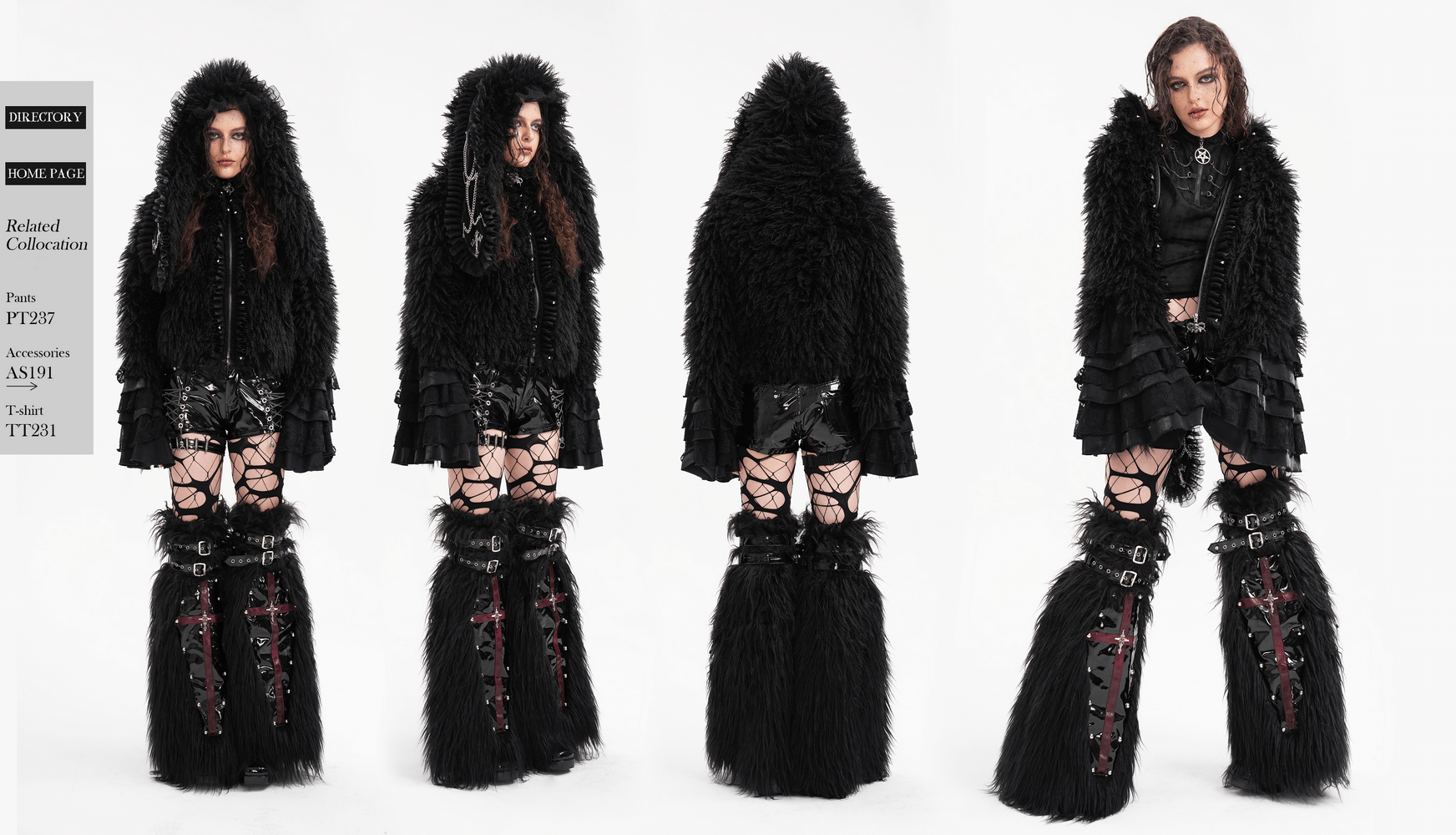 Gothic black hooded jacket with faux fur and lace details, perfect for dark fantasy looks and edgy style.