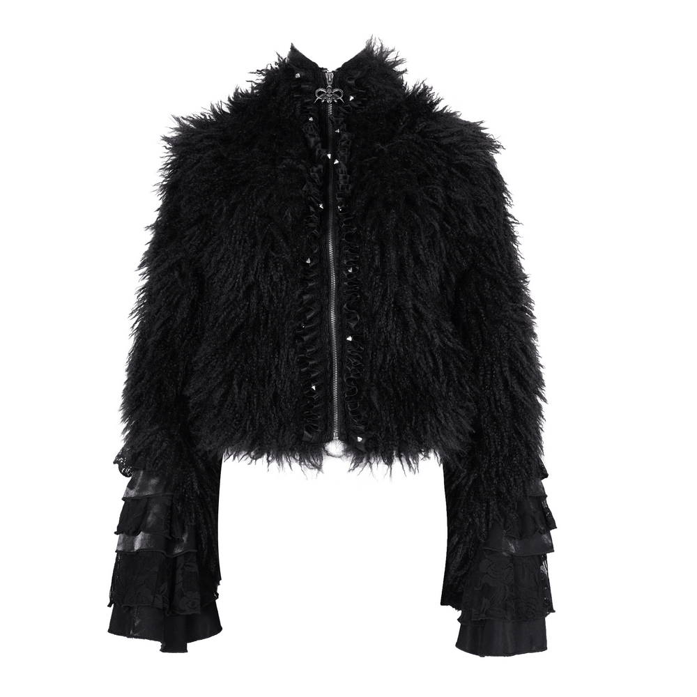 Gothic black hooded jacket with faux fur and lace ruffled sleeves for a dark fantasy look. Perfect for alternative fashion.