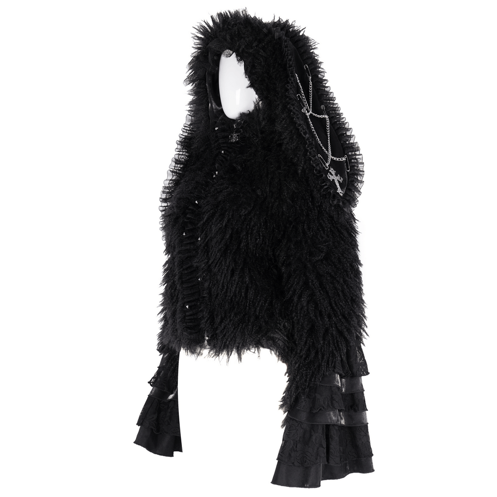 Gothic black hooded jacket with lace, faux fur, and dramatic layered sleeves, perfect for dark fantasy fashion.