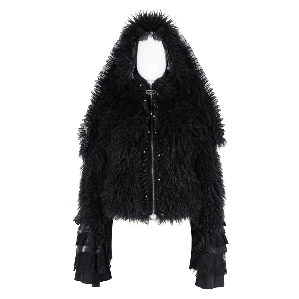 Gothic black hooded jacket with faux fur, lace accents, and dramatic layered sleeves for dark fantasy fashion.