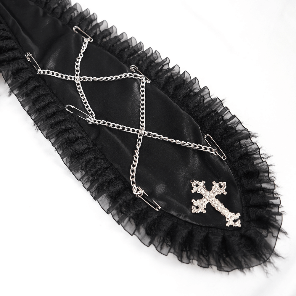 Gothic black fabric detail with lace ruffle, chains, and cross embellishment for a dark fantasy aesthetic.