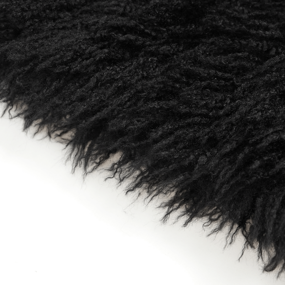 Close-up of luxurious black faux fur, adding a dramatic touch to gothic fashion and dark fantasy styles.