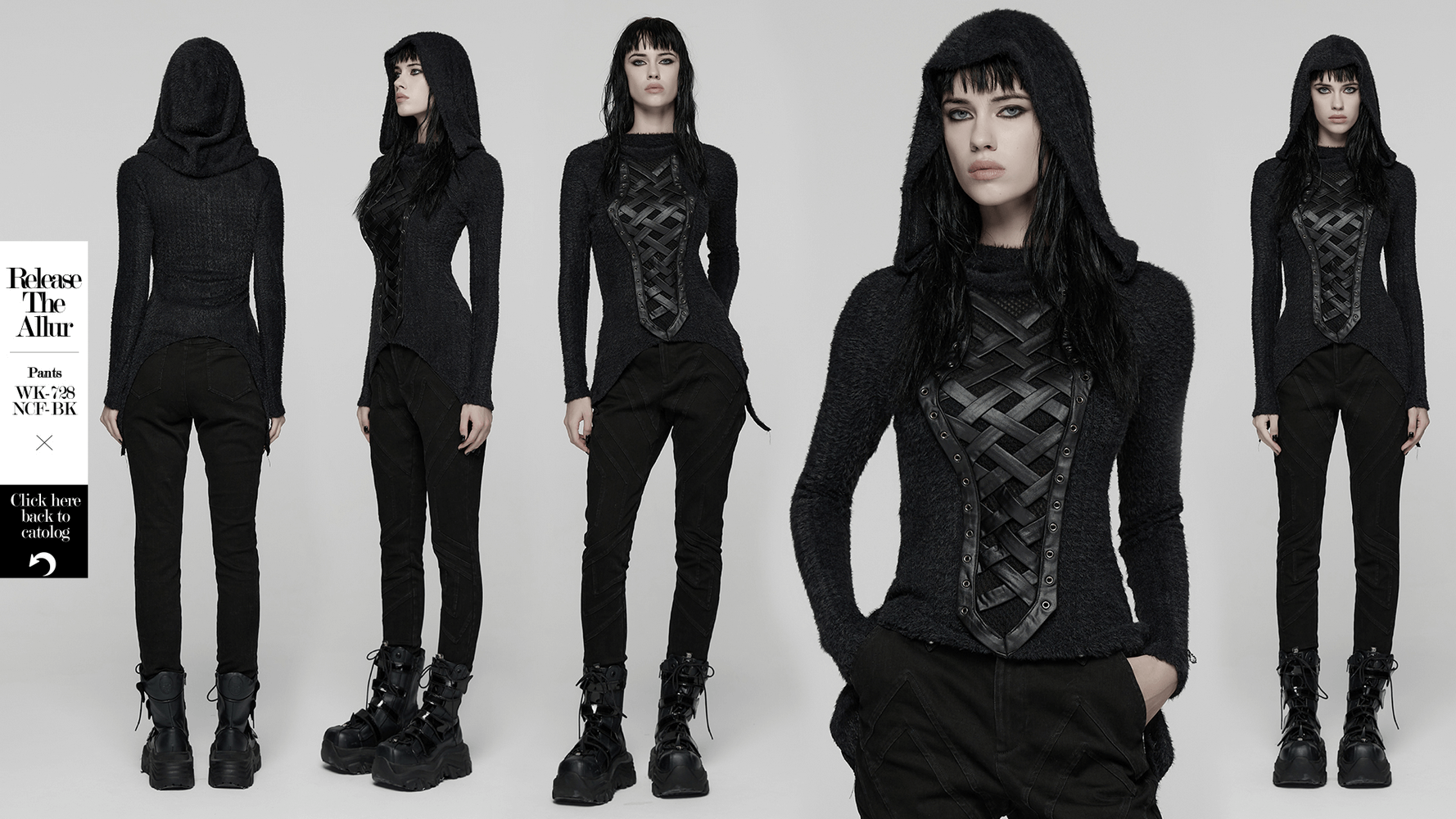 Gothic Black Hooded Top with Woven Cross Front Detail showcased from multiple angles, featuring a sleek design and edgy style.