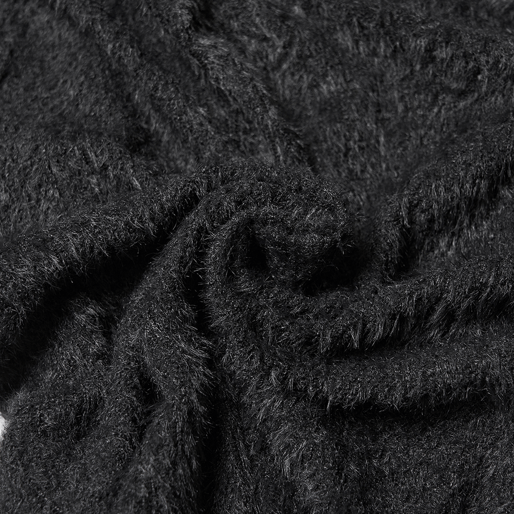 Soft black plush fabric for Gothic Black Hooded Top with Woven Cross Front Detail showcasing texture and comfort.