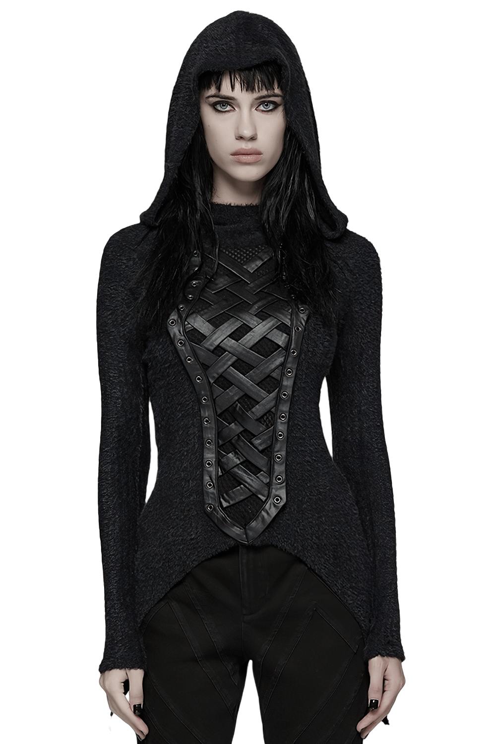 Gothic Black Hooded Top with Woven Cross Front Detail showcasing a punk-inspired asymmetrical design and stretch fabric.