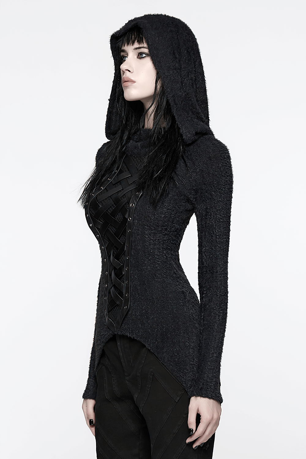 Gothic Black Hooded Top with Woven Cross Front Detail showcasing its edgy design and asymmetrical hem on a model.