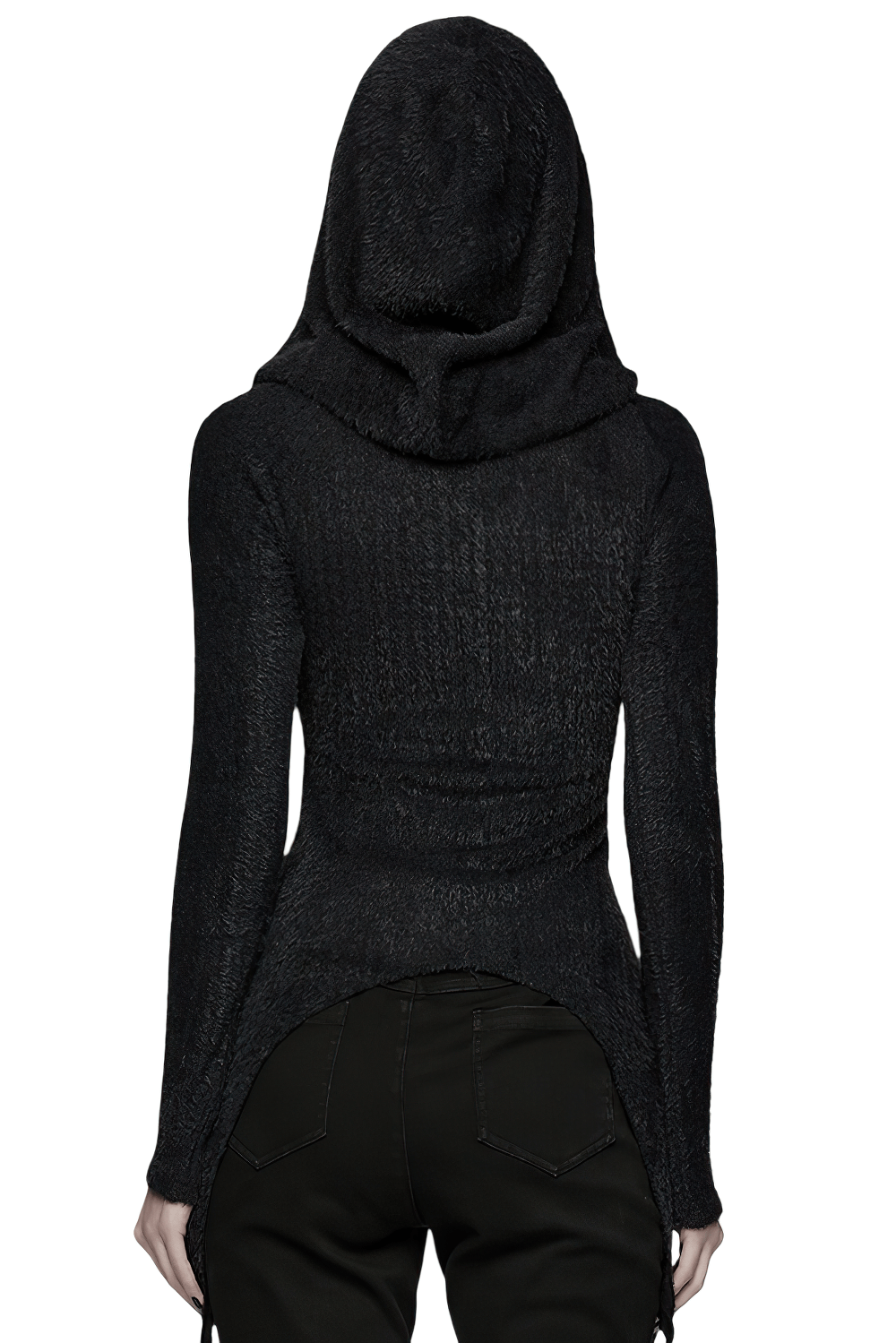 Back view of Gothic Black Hooded Top with Woven Cross Front Detail, featuring a stylish hood and asymmetrical hem.