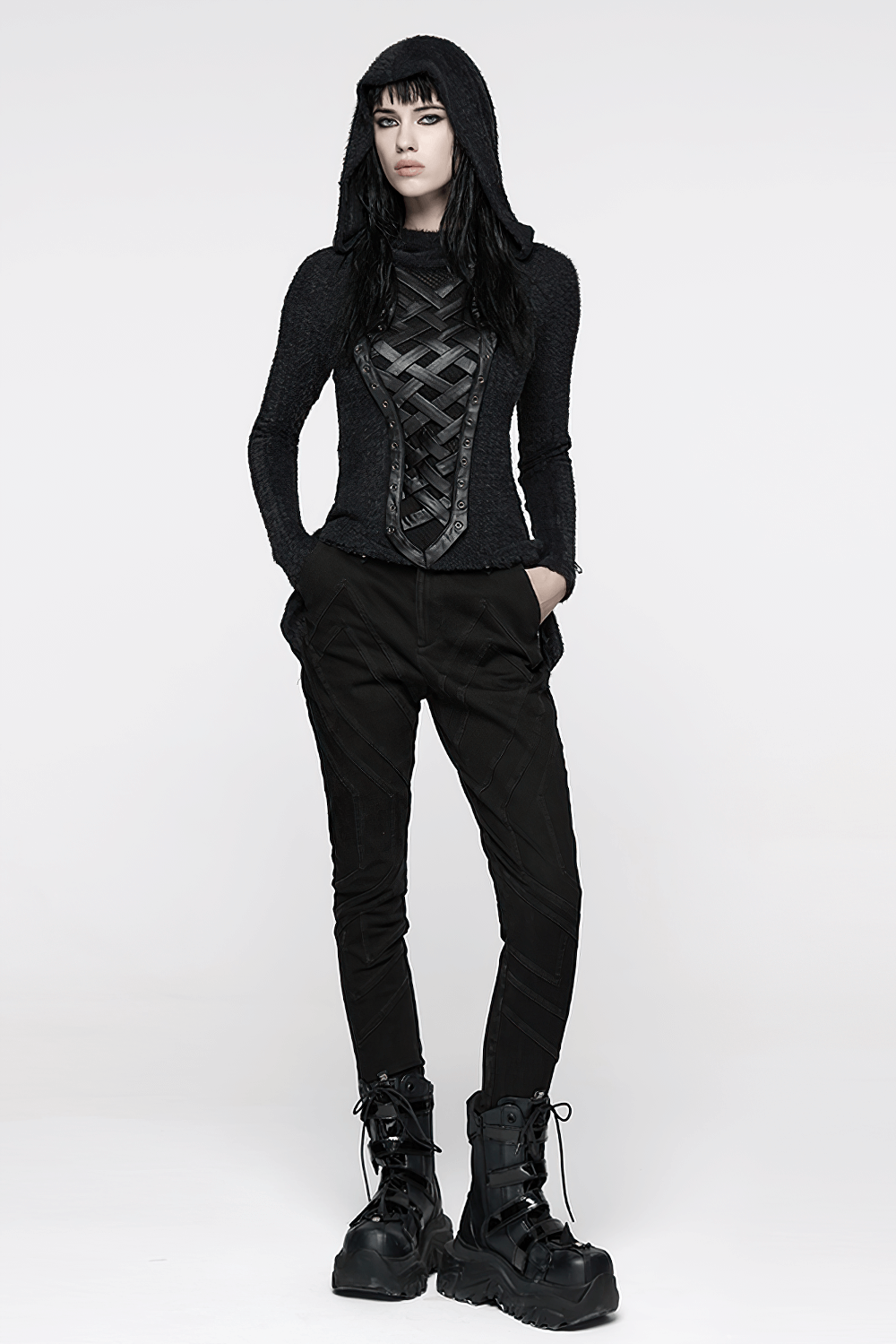 Gothic Black Hooded Top with Woven Cross Front Detail worn by a model, showcasing alternative fashion style.