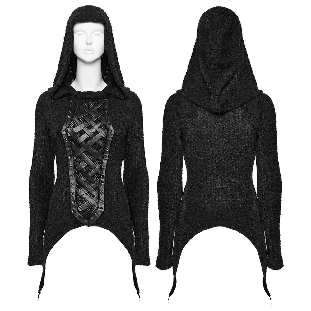 Gothic Black Hooded Top with Woven Cross Front Detail, featuring an asymmetrical hem and edgy woven design.