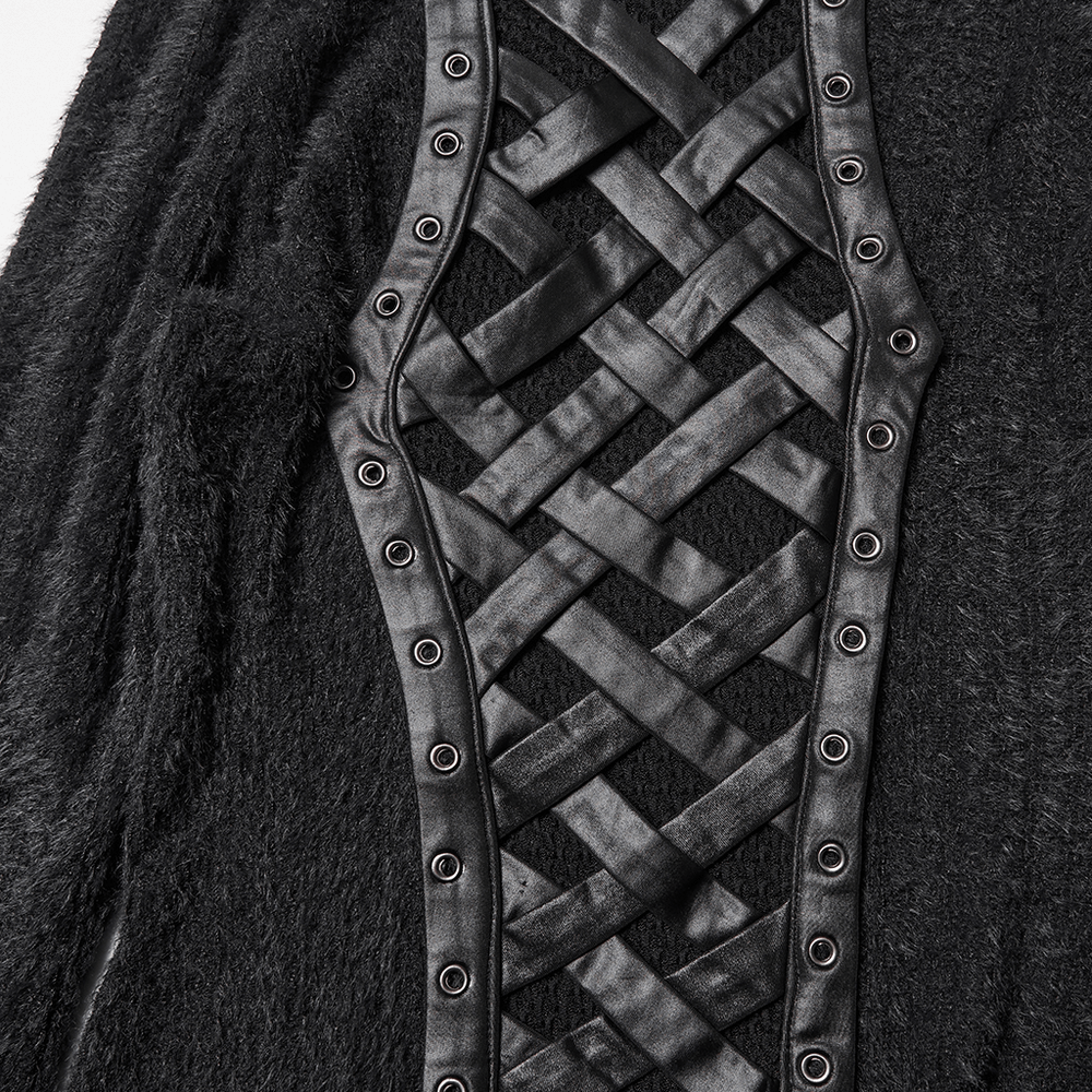Close-up of the Gothic Black Hooded Top with Woven Cross Front Detail showcasing the dark woven design.