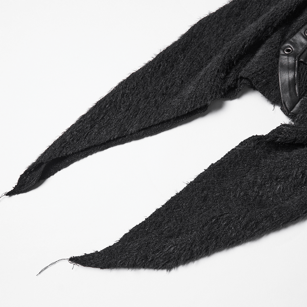 Gothic Black Hooded Top with Woven Cross Front Detail showcasing asymmetrical hem design and textured fabric.