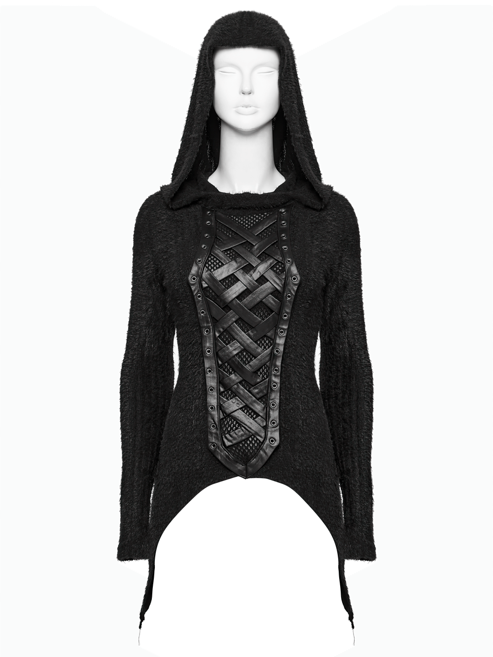 Gothic Black Hooded Top with Woven Cross Front Detail showcasing an asymmetrical hem and edgy design.