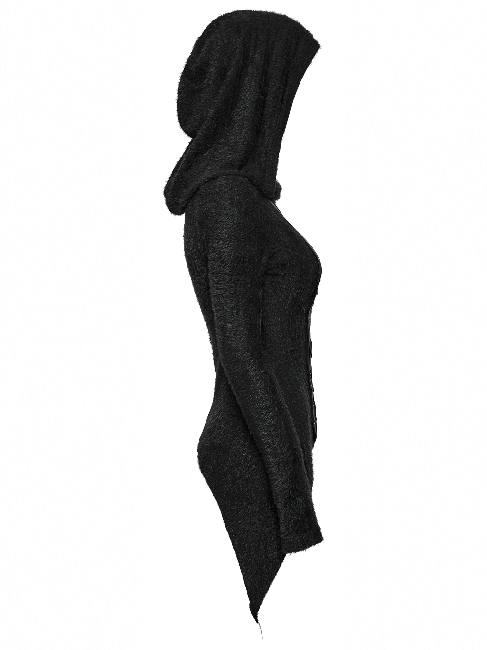 Gothic Black Hooded Top with Woven Cross Front Detail shown from the side, featuring an asymmetrical hem design.