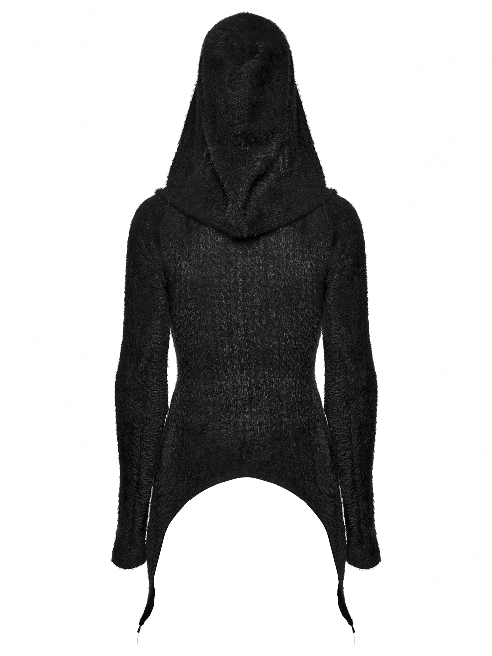 Gothic Black Hooded Top with Woven Cross Front Detail featuring an asymmetrical hem design and a chic hood.