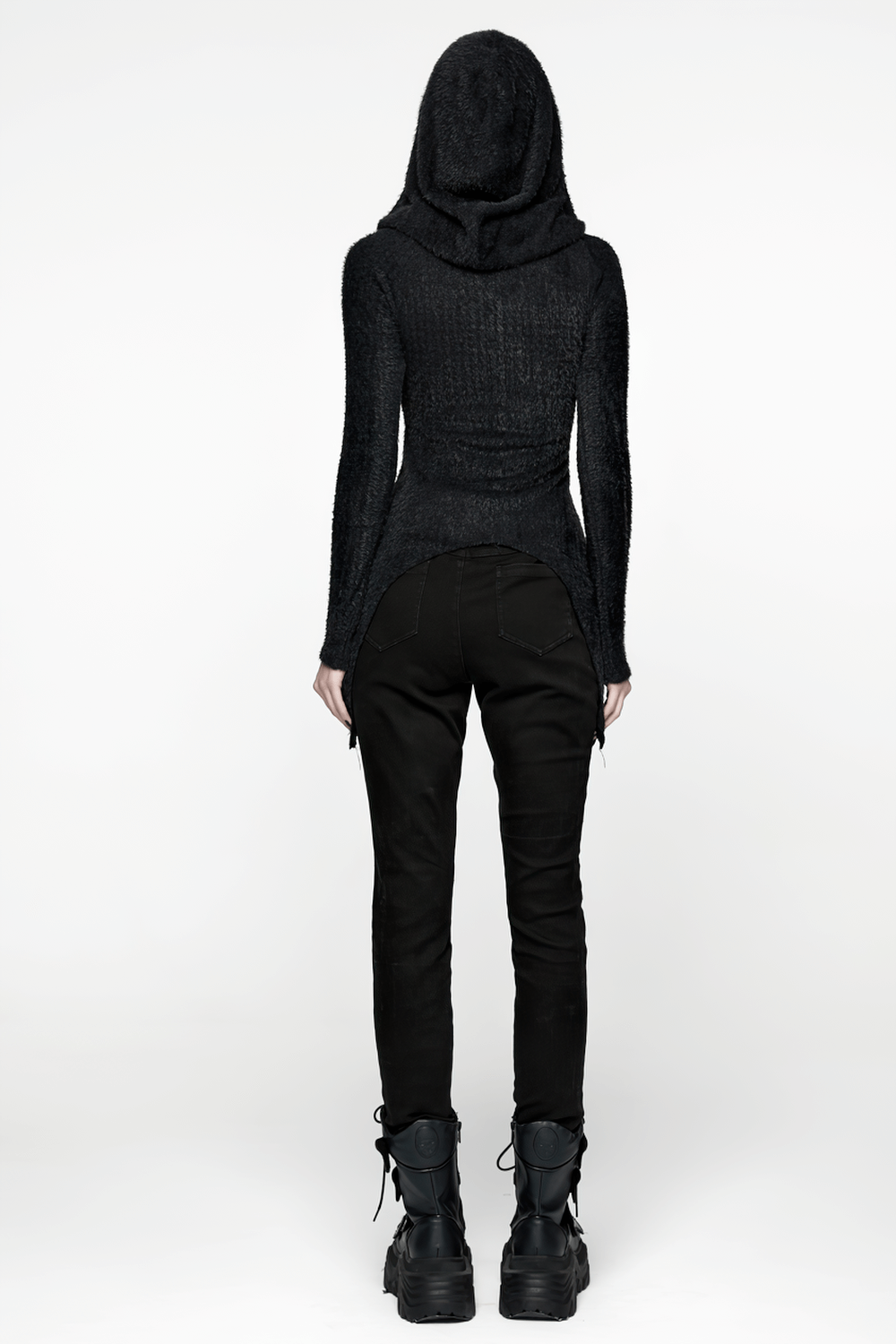 Gothic Black Hooded Top with Woven Cross Front Detail showcased from the back, featuring a stylish asymmetrical hem.