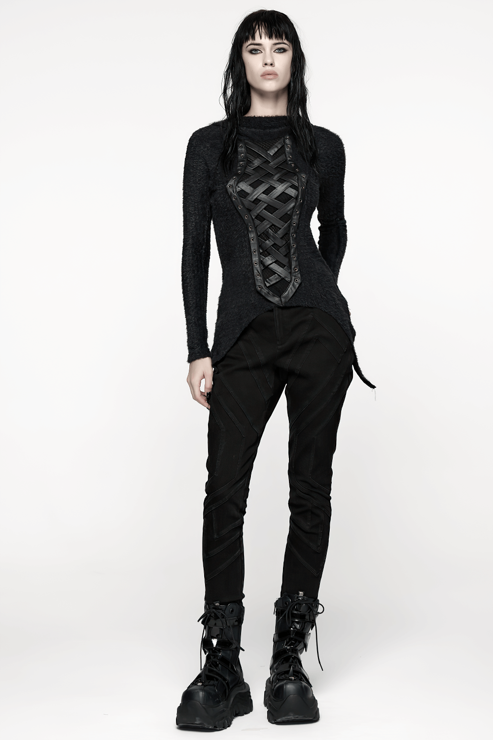 Gothic Black Hooded Top with Woven Cross Front Detail, featuring asymmetrical hem and edgy design.