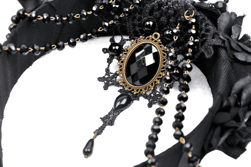 Gothic Black Horned Headpiece with Beads and Lace Accents