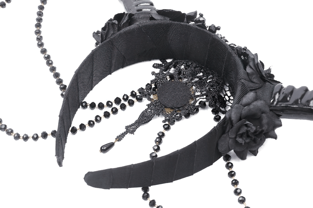 Gothic Black Horned Headpiece with Beads and Lace Accents