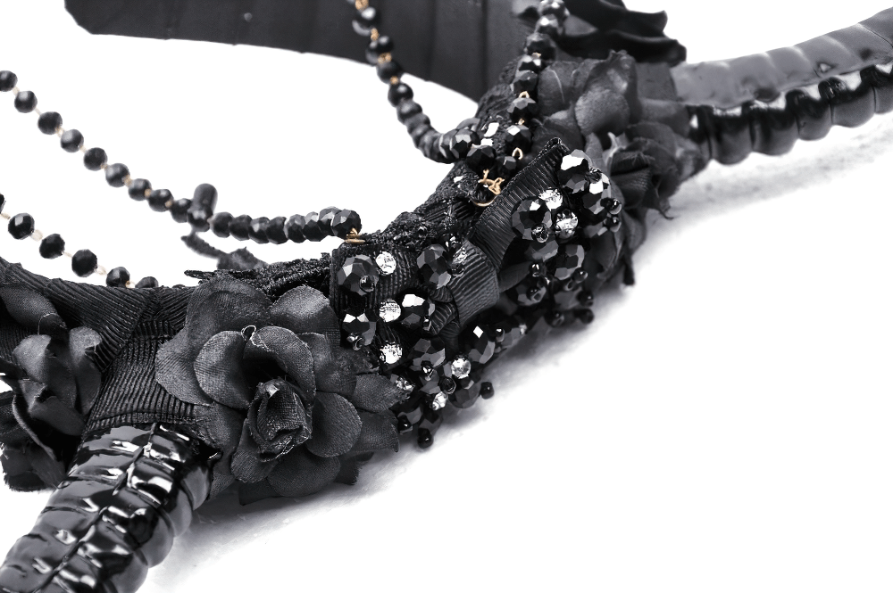 Gothic Black Horned Headpiece with Beads and Lace Accents