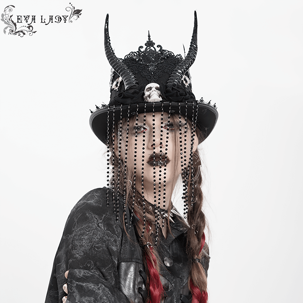 Gothic black horned top hat adorned with a skull, beads, and black roses, perfect for dramatic fashion and stagewear.