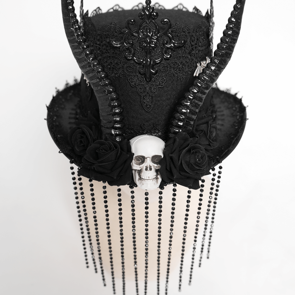 Gothic black horned top hat with skull, black roses, and cascading bead chains for alternative fashion.