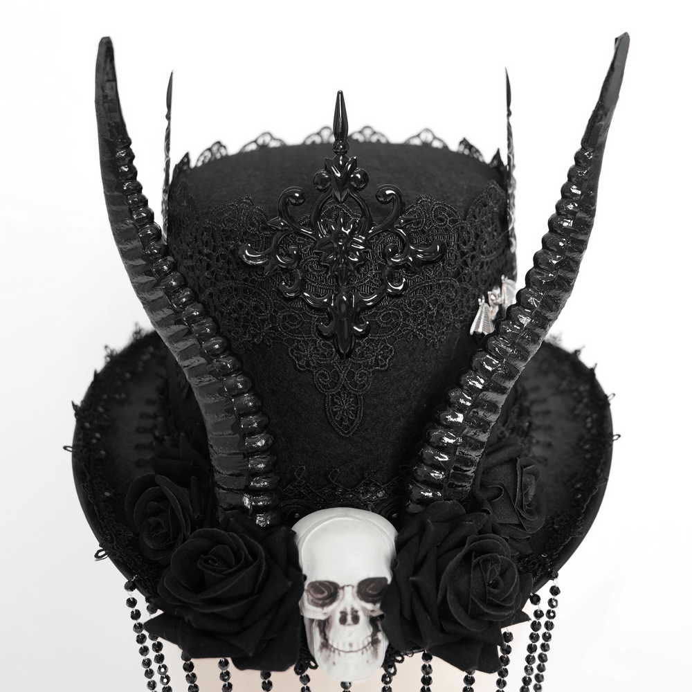 Gothic black horned top hat with skull, roses, and bead chains. Dark elegance for alternative fashion.