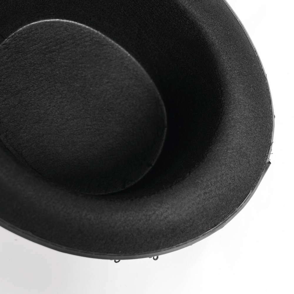 Inside view of a Gothic black horned top hat, showcasing its sleek black interior and elegant craftsmanship.