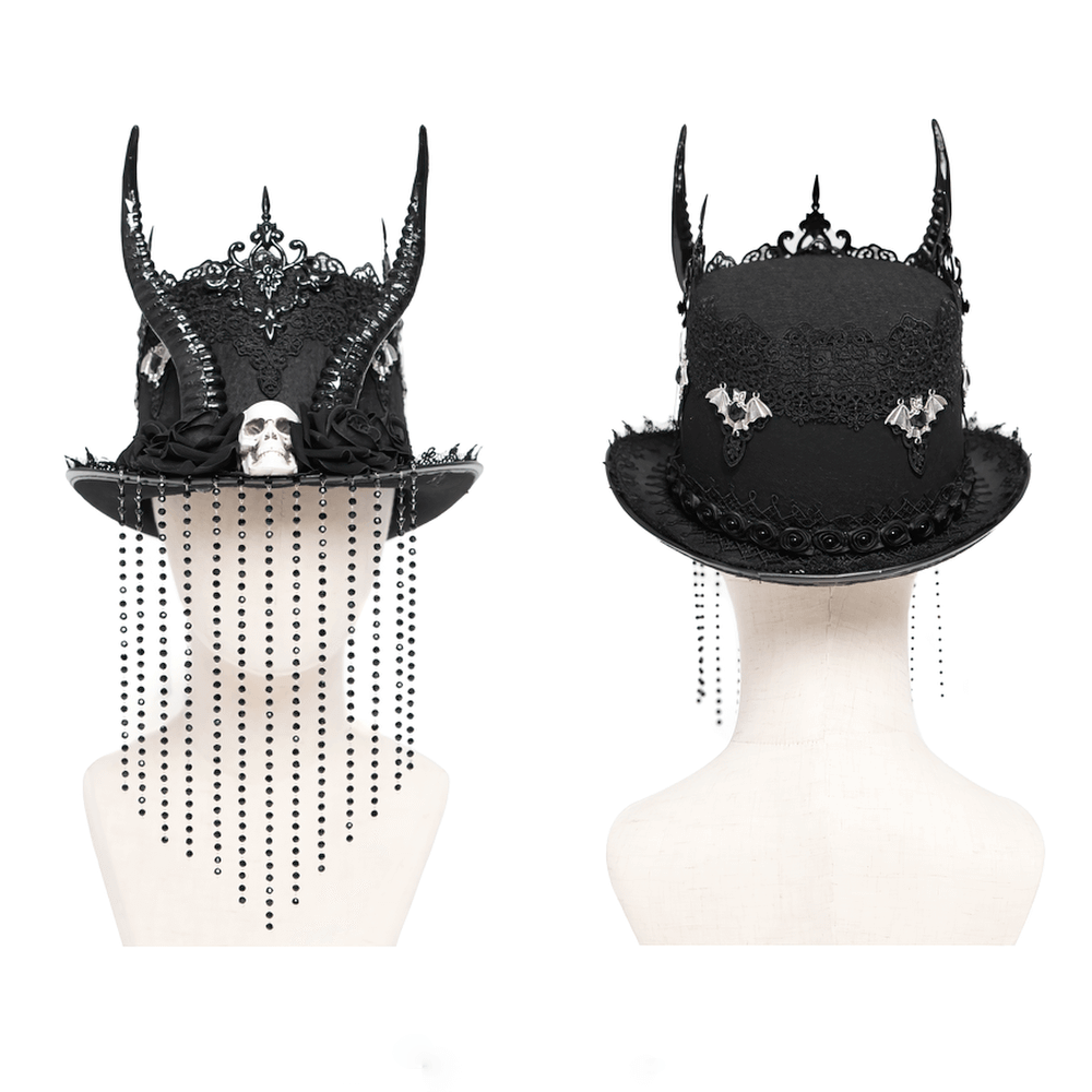Gothic black horned top hat with skull, lace, and cascading bead chains for dark fashion.