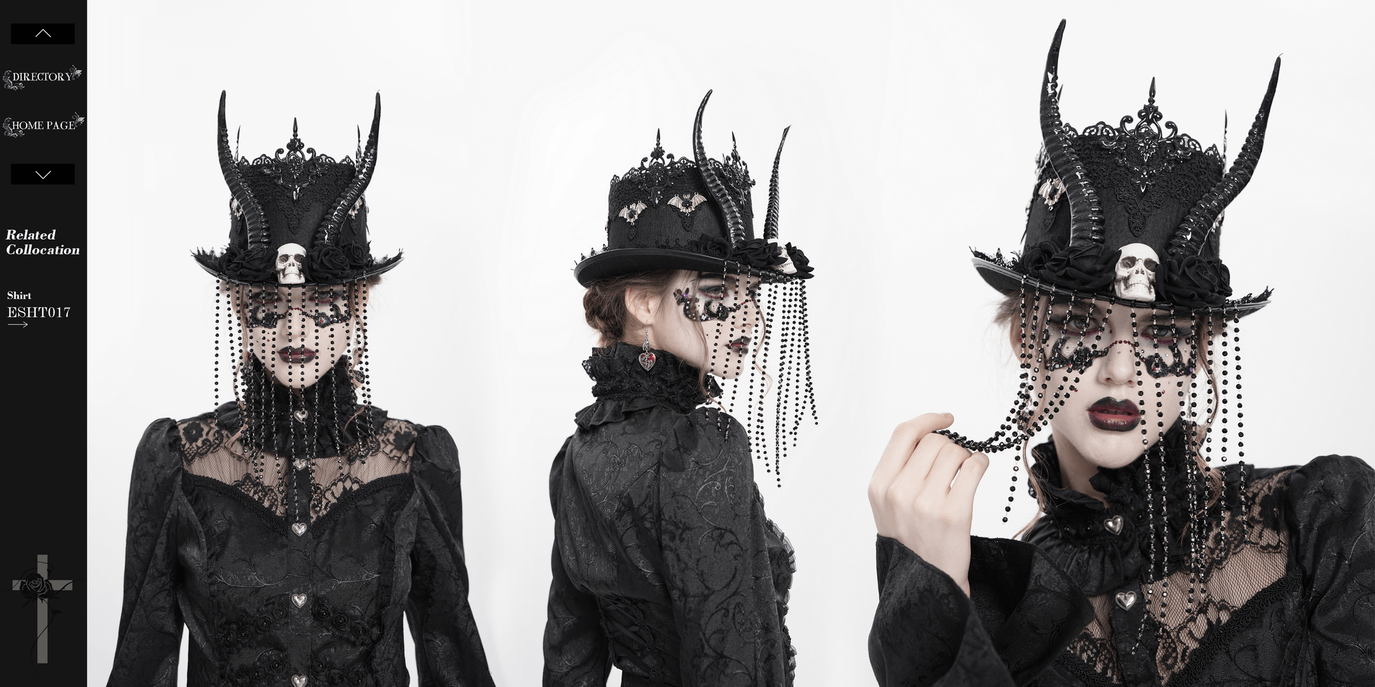 Gothic black horned top hat with skull, beads, and rose details for alternative fashion.