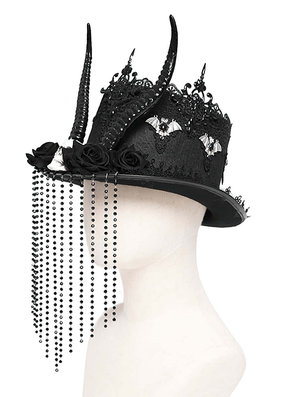 Gothic black horned top hat with skull, lace, and bead details for dramatic alternative fashion.