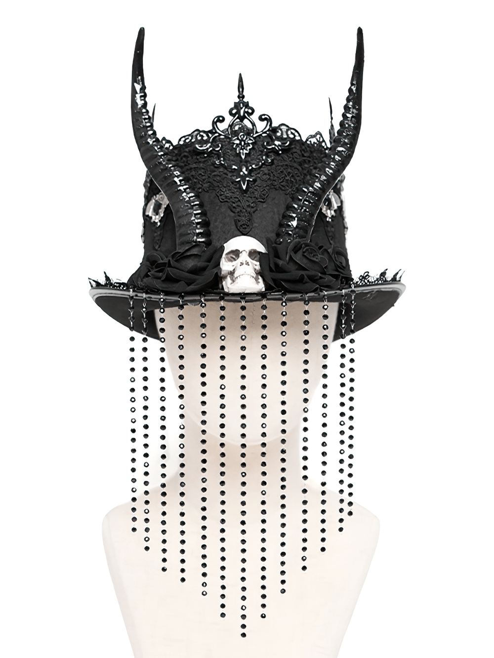 Gothic black horned top hat with skull, lace, and bead chains for a dramatic alternative fashion statement.