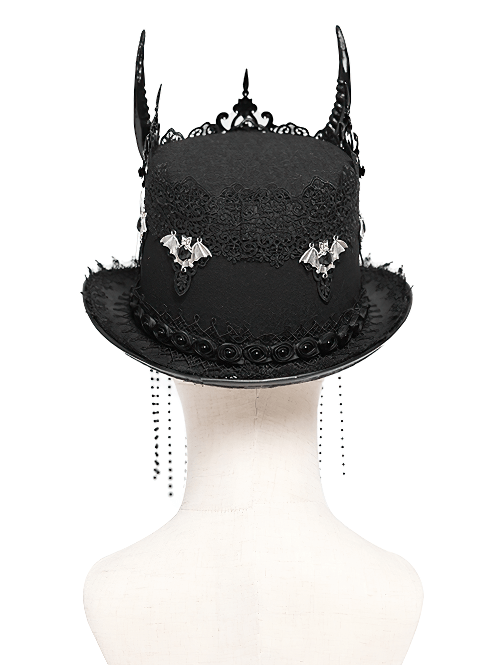 Gothic black horned top hat featuring skull, lace, and bead details for a dark, dramatic fashion statement.