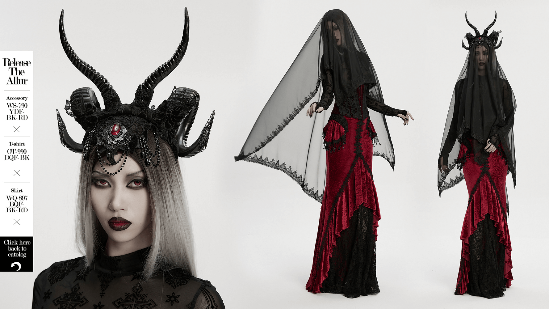 Gothic Black Horned Veil with Lace and Gemstone Chains, showcasing dark mesh elegance and dramatic gothic style.