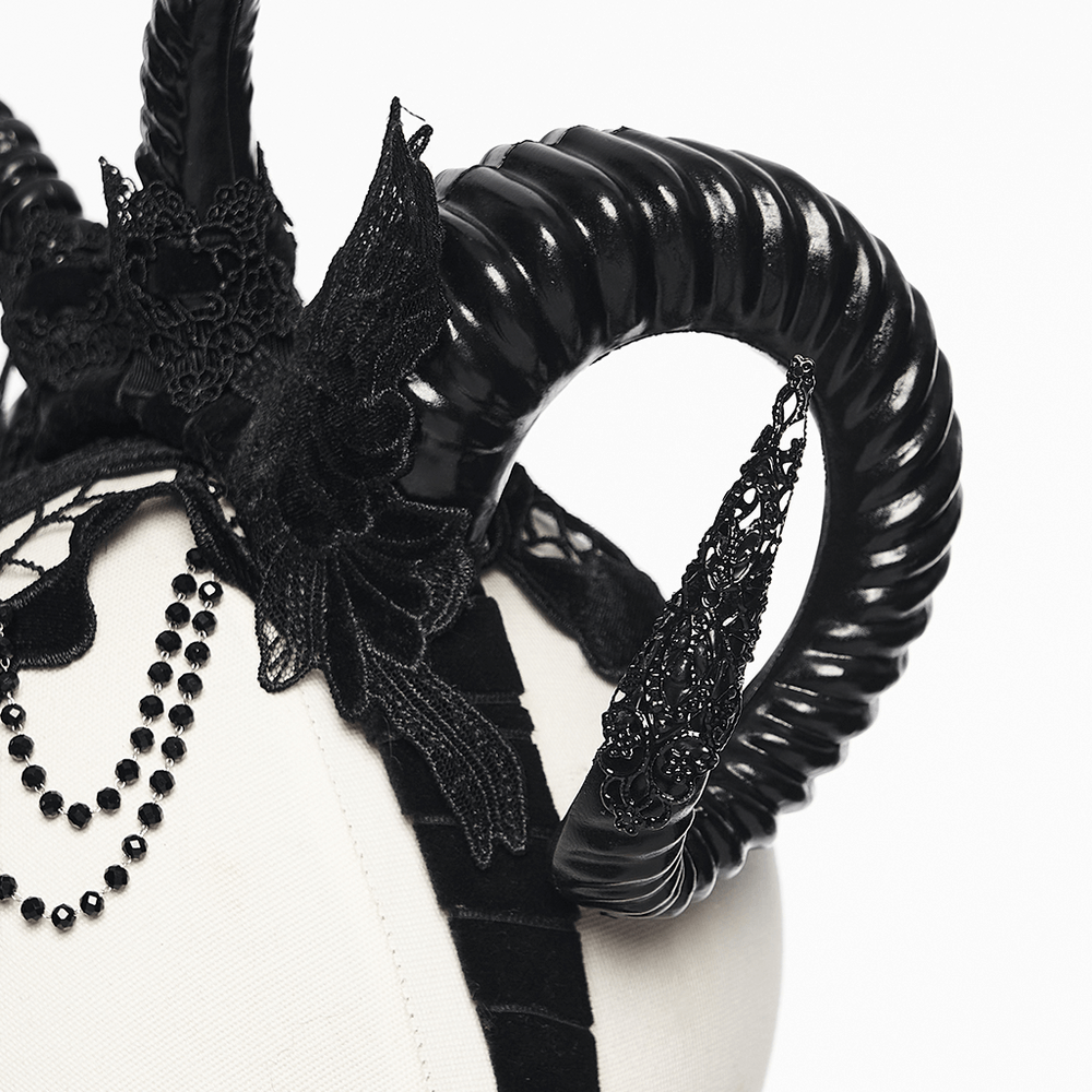 Gothic Black Horned Veil with Lace and Gemstone Chains showcasing intricate lace and dramatic horn details.