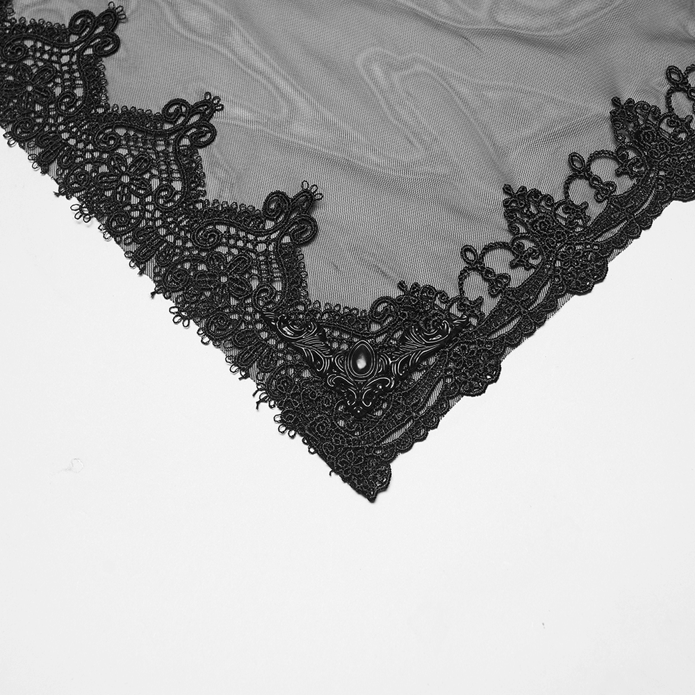 Gothic Black Horned Veil with Lace and Gemstone Chains showcasing intricate black lace detail on dark mesh.
