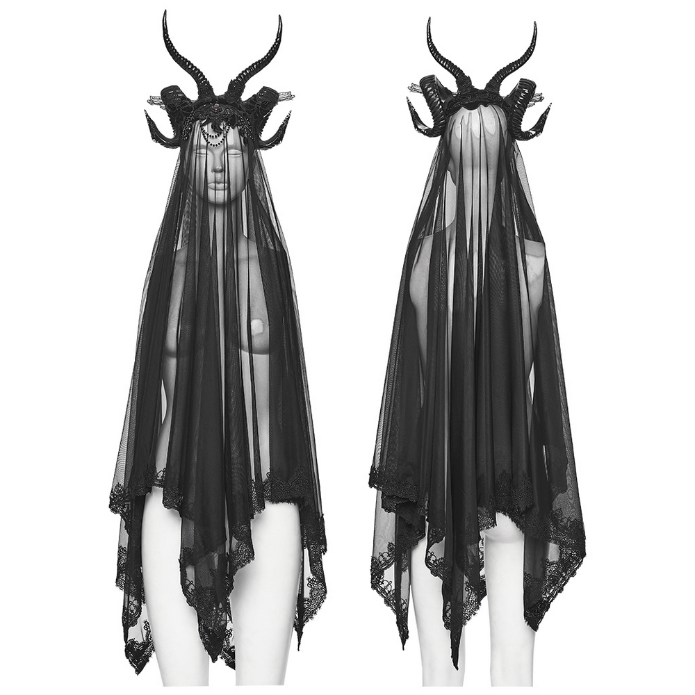 Gothic Black Horned Veil with Lace and Gemstone Chains on a mannequin, showcasing its dark elegance and dramatic design.