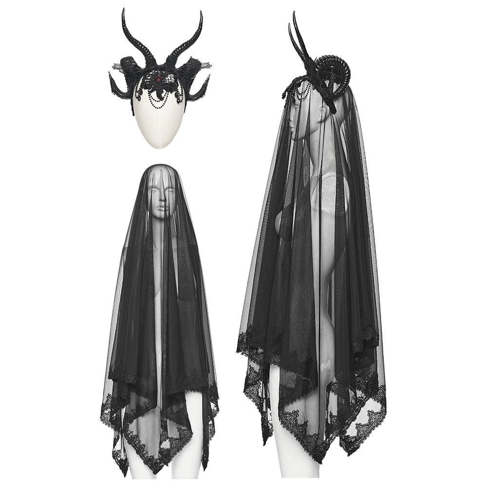 Gothic Black Horned Veil with Lace and Gemstone Chains showcasing dark mesh elegance and intricate lace details.